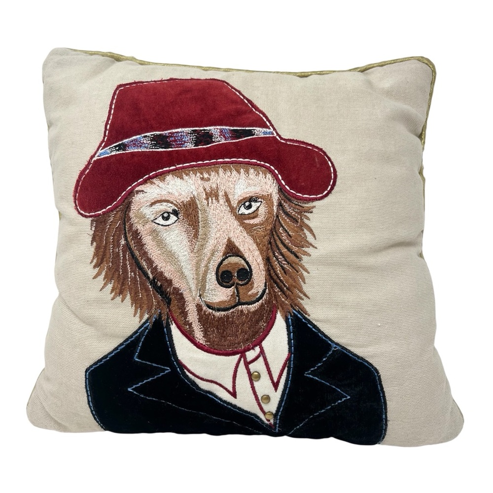 Pier 1 Embroidered Dapper Dog Accent Pillow Whimsical Fun Red Hat Velvet Jacket